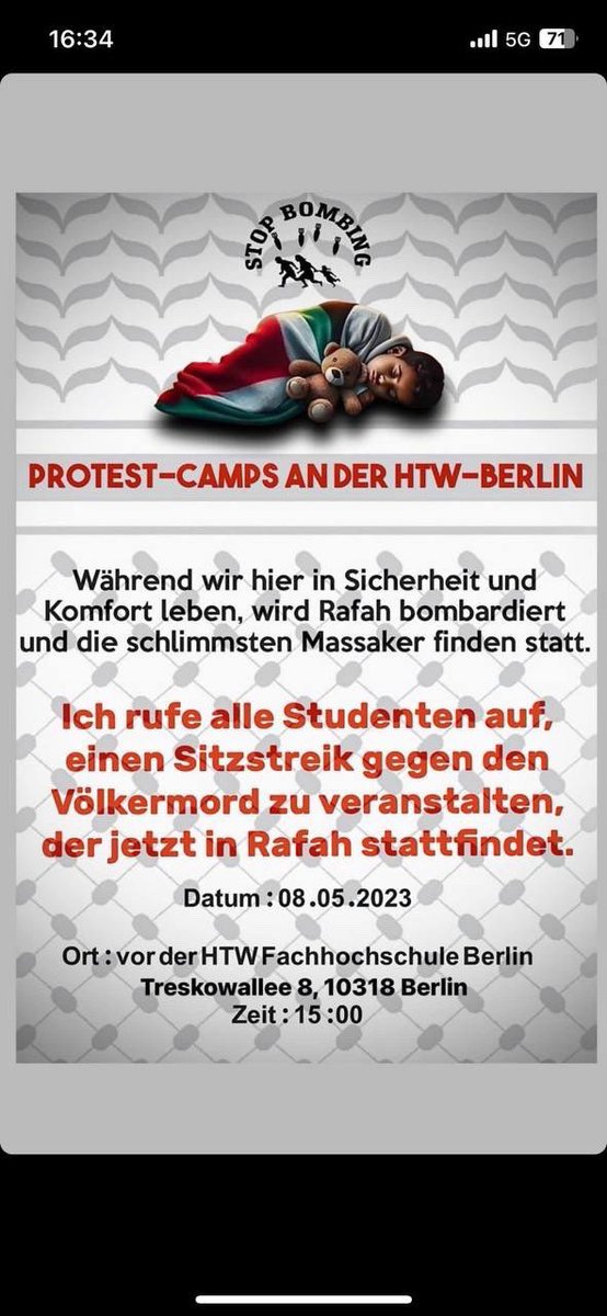 Die HTW-Fachhochschule Berlin schließt heute den Campus Treskowallee. Vermutlich weil heute ein „Palästina-Camp“ aufgebaut wird.