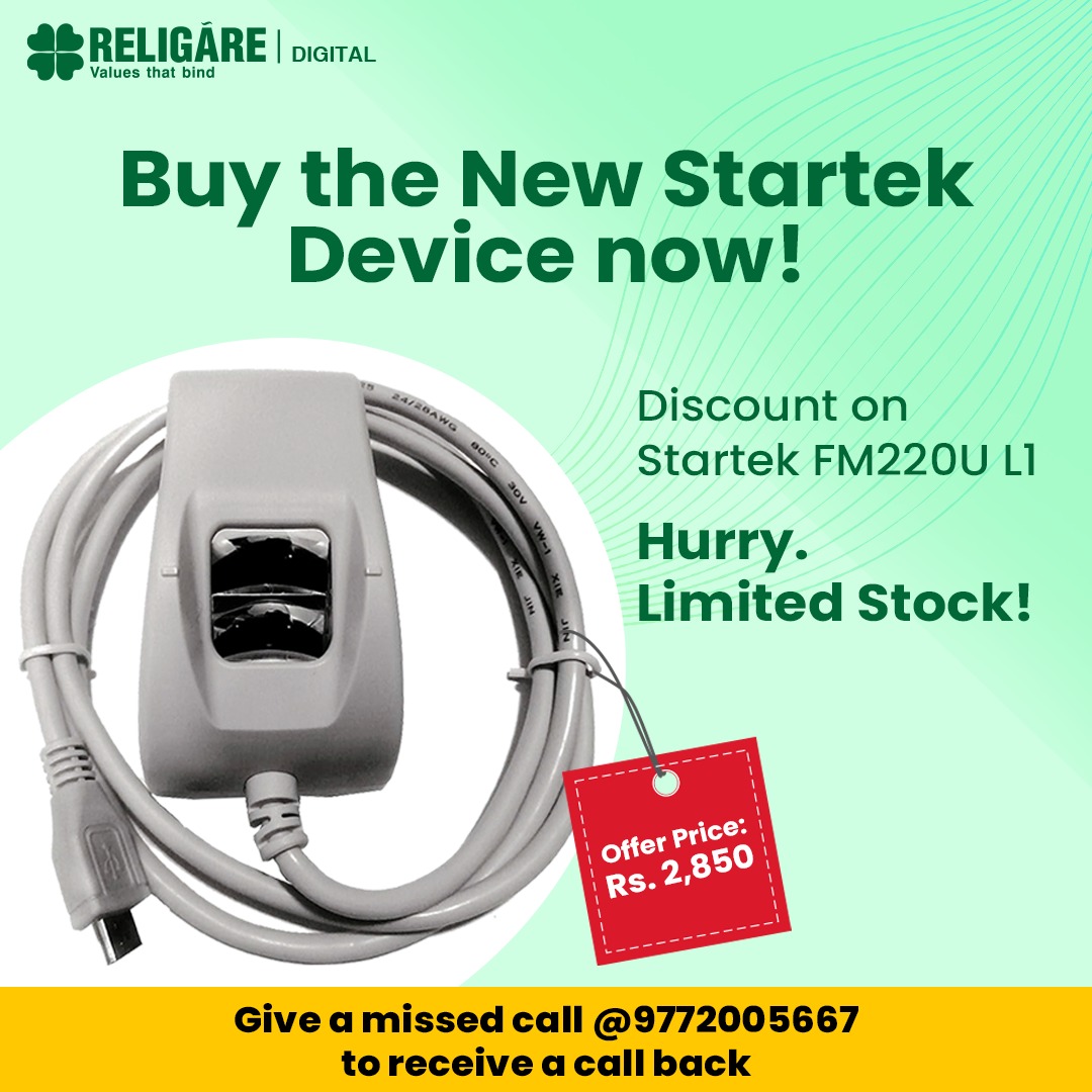 New offer alert! The new Startek FM220U L1 is now available for Rs. 2,850.

Offer available till stock lasts.

Give a missed call at 9772005667 or email at dsc@religare.com to avail the offer.

Disclaimer: bit.ly/rbld

#BusinessOpportunity #StartYourOwnBusiness
