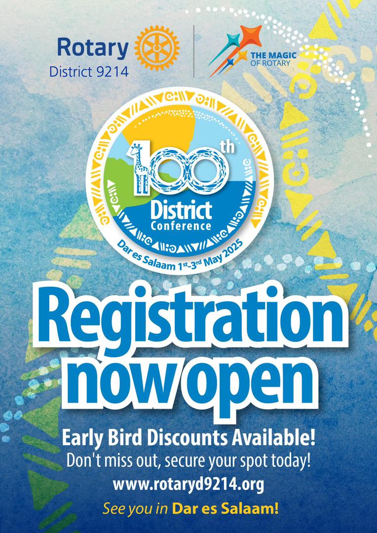 Join us as we celebrate a century of service and fellowship at the *100th District Conference!* Reserve your spot now at rotaryd9214.org See you in Dar es Salaam!!! #100thDCA