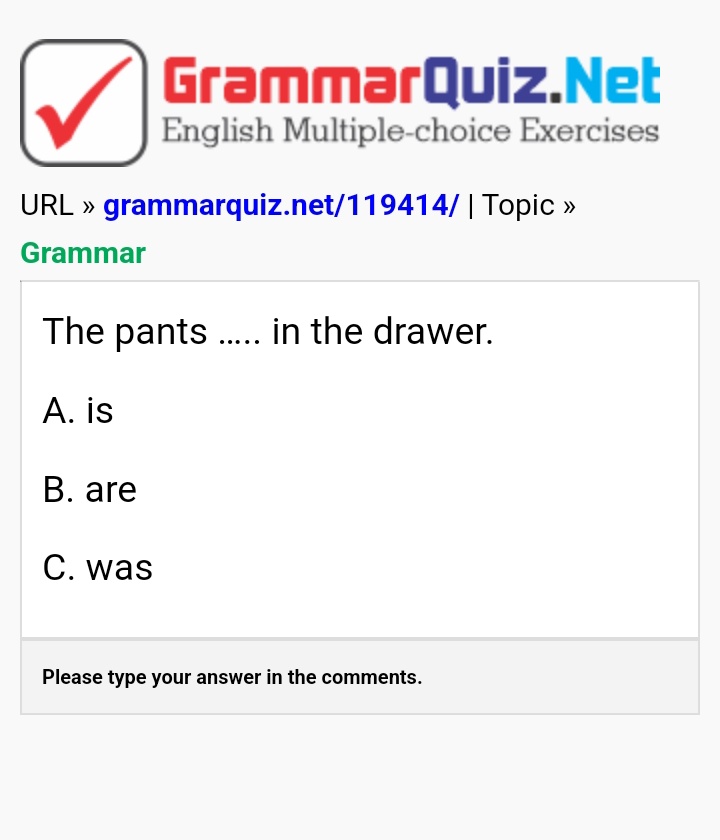 What is the correct answer?

grammarquiz.net/119414/

The pants ..... in the drawer.

A. is

B. are

C. was

#quiz #englishquiz #englishtest #englishexercise #learnenglish #english #grammar #grammarquiz #grammartest #grammarexercise #englishgrammar #test