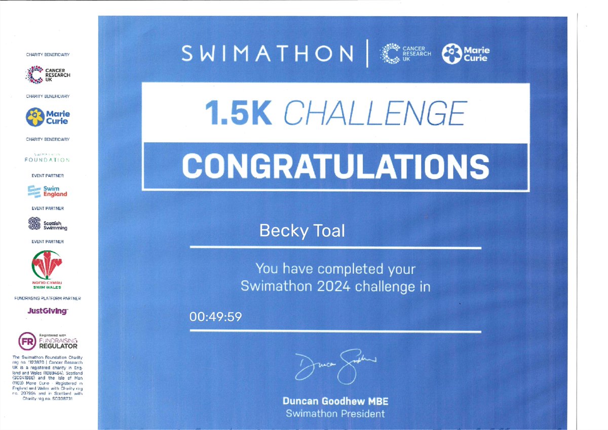 Well done to our MD for completing the @swimathon 1.5k #charityswim still time to #donate via the link below! #Thankyou @maryrfinnegan @Pinklinkladies @FSB_Voice @OutBritain justgiving.com/page/becky-toa…