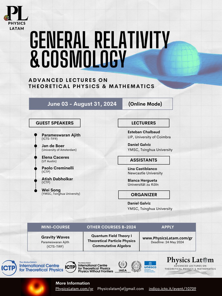 Sign up for our summer course on General Relativity & Cosmology (in Spanish) @PhysicsLatam 📢 We will explore topics on Black Holes, Cosmology, Inflation, Gravitational Waves and more! Apply: rb.gy/xs1xgu 📅 June-August 2024 physicslatam.com/gr