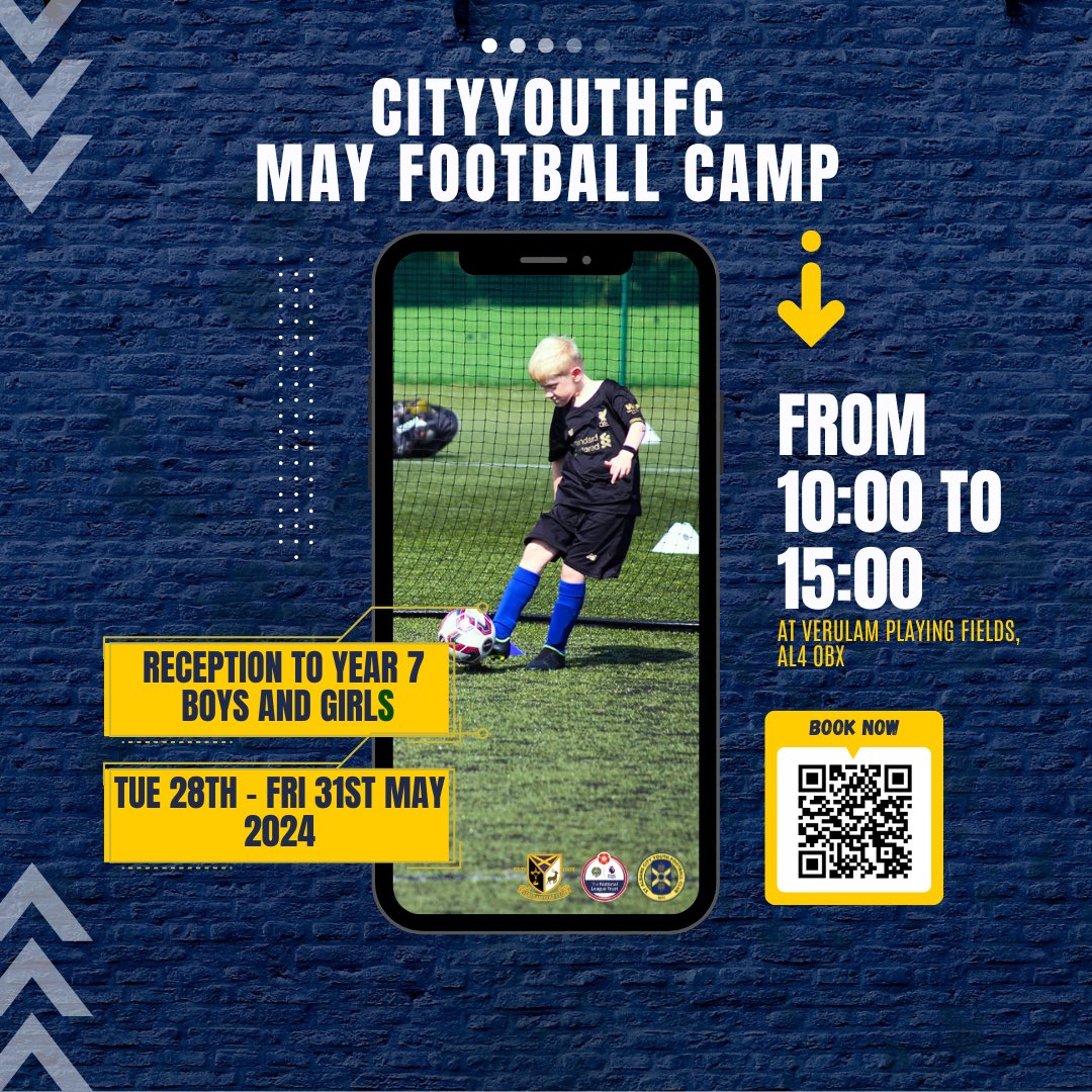 St Albans City Youth FC May Football Camp  Dates: Tuesday 28th to Friday 31st May  Venue: Verulam Playing Fields, Sandpit Lane, St Albans, AL4 0BX Time: 10:00 – 15:00 (Registration and drop off to start from 09:15) tickettailor.com/events/stalban…