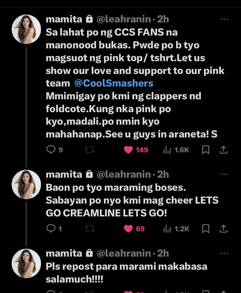 Tara na po at manood ng live sa game nina ⁦Alyssa Valdez at CCS bukas! Sa lahat po ng manonood magsuot po sana ng PINK top/shirt Ipakita at iparamdam natin sa ating CCS girls ang ating supporta! Ibuhos natin ang ating lakas sa pag cheer para sa kanila!
