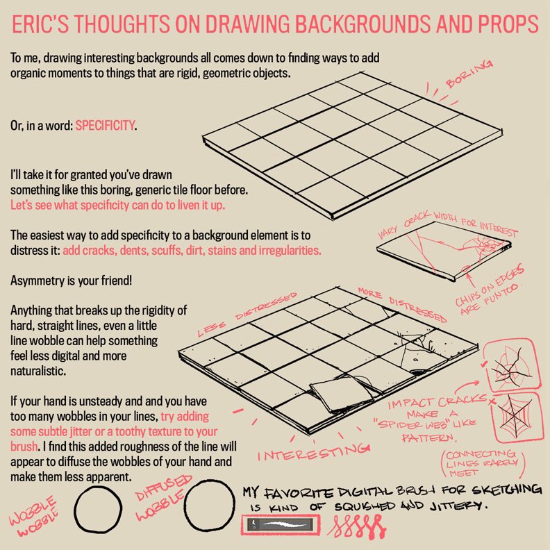 Our feature tutorial/artist for today is this WONDERFUL set of notes on how to add CHARACTER to your ENVIRONMENTS by the talented @erichibbeler! So many great ideas here to make your WORLD feel more LIVED-IN! #gamedev #animationdev #DRAW #howtodraw #conceptart #gameart