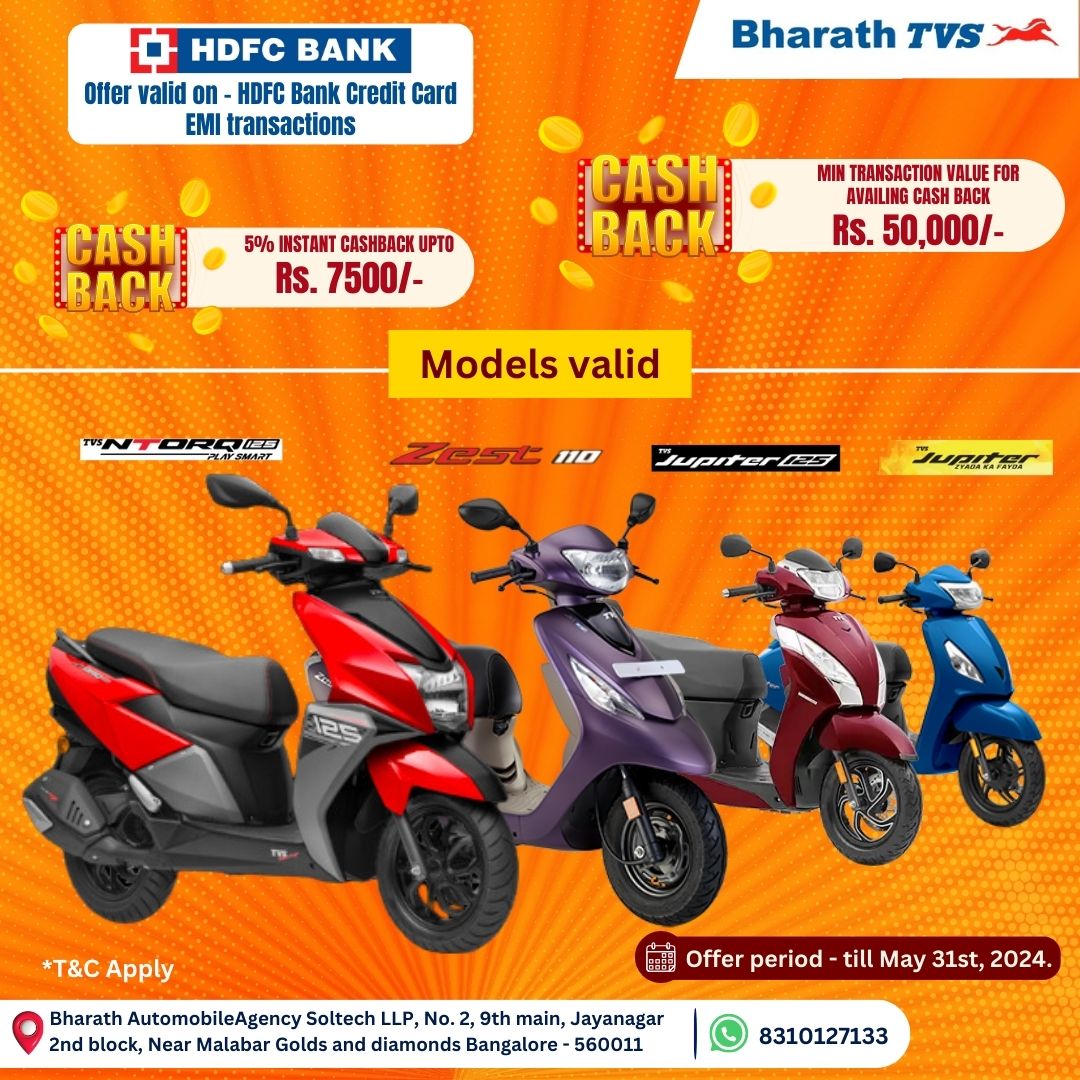 Unbeatable cashback offers on TVS scooters! 🛵💸 Don't miss out on this limited-time deal valid until May 31st. Hurry, ride into savings today!

#bharathtvs #TVS #scooter #cashbackoffer #deal #limitedtime #savings #ride #bikelife #twowheeler #motorcycle #offer #discount