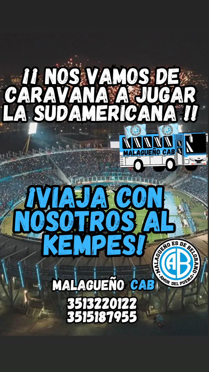 Este Jueves hay paro nacional, pero eso nunca nos freno, así que para la gente de Malagueño y alrededores, sale colectivo desde la plaza Manuel Belgrano de la ciudad, hasta el Kempes, ida y vuelta
No te quedes afuera, ayudemos entre todos y #LleváUnPirata