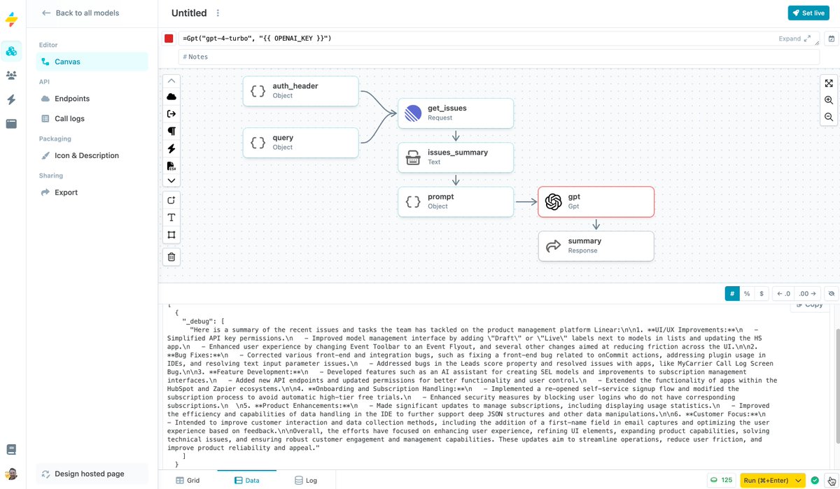 It works!  A product issues summary in 7 lines for ~$0.10.

We really have built an AI wrapper factory -- and the world does need 10,000,000 of these.

<a href="/usesummit/">Summit ⚡️</a>