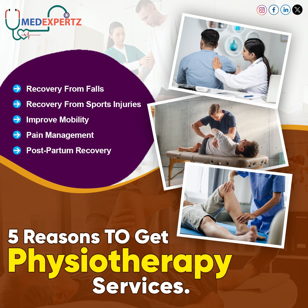 Discover the transformative benefits of #physiotherapy with #Medexpertz! Here are five compelling reasons to entrust us with your care: alleviation of #pain, #increasedmobility, #injuryprevention, #post_surgeryrehabilitation, and overall enhanced well-being.