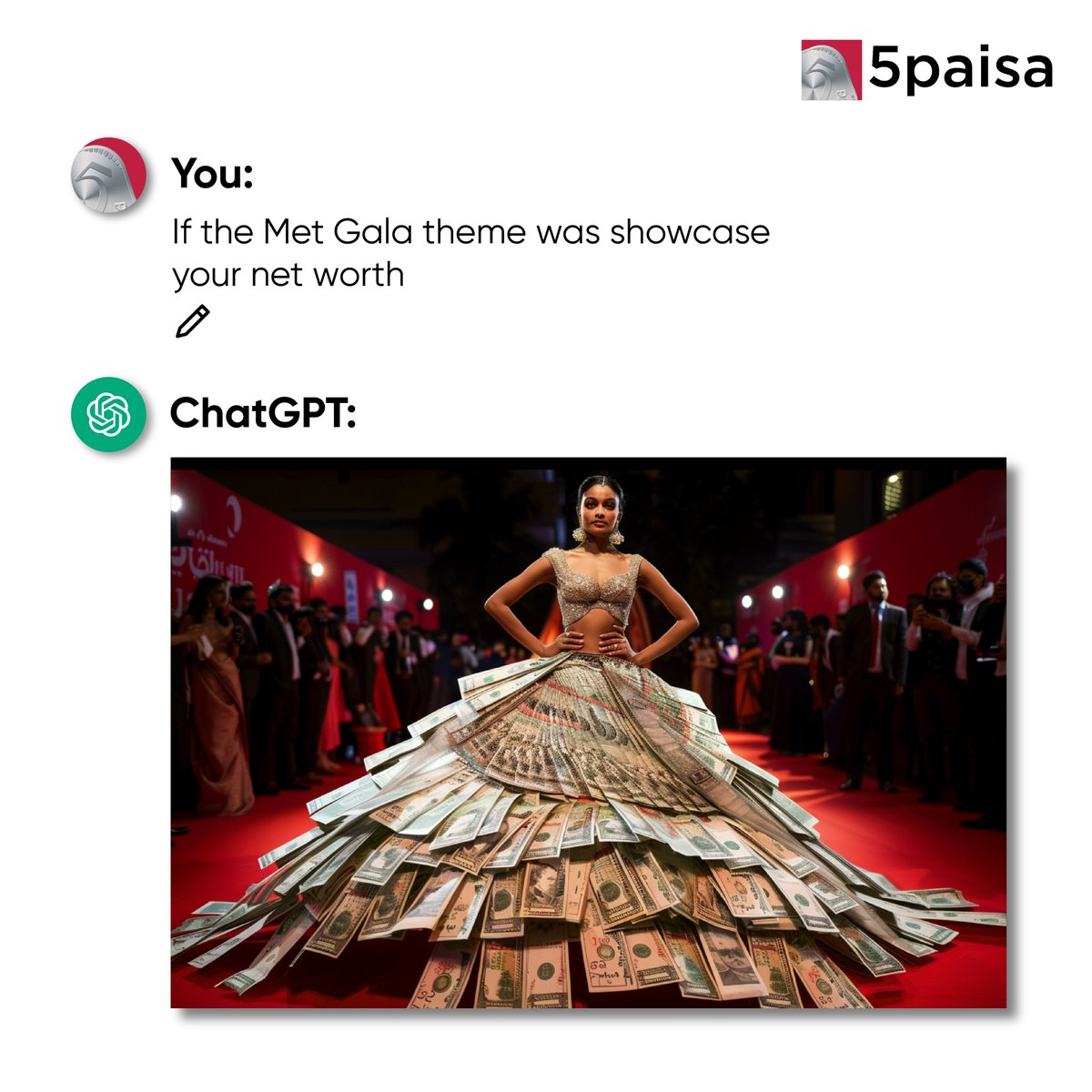 What would your outfit look like? Comment below 👇

#MetGala #SocialMediaTrends #5paisa #WeAskAi