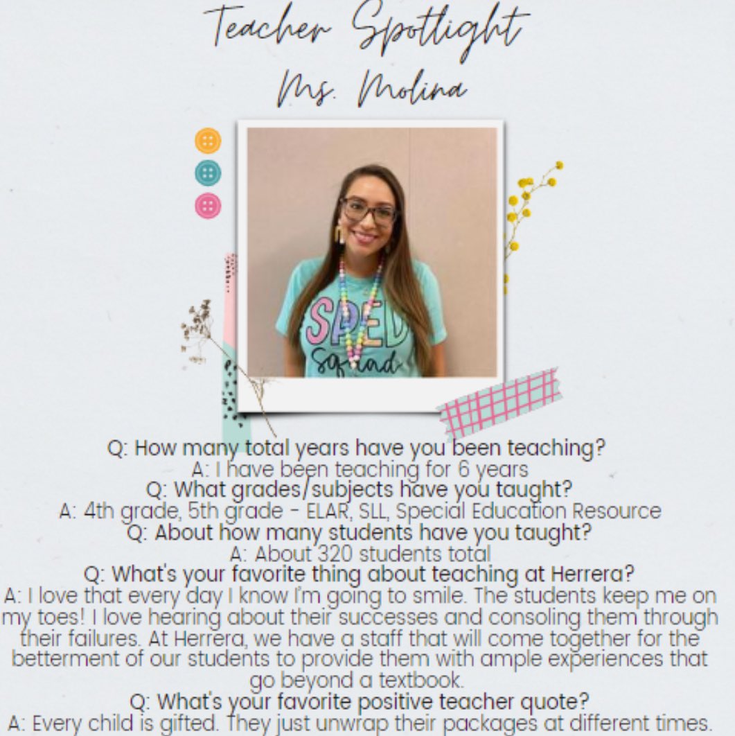 Teacher Spotlight #7: Ms. Molina🐾
@HoustonISD @TeamHISD 
#TAW #HerrerHuskies #ThankHISDTeachers