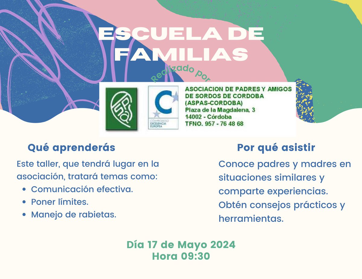 AspasCordoba's tweet photo. 📢 ¡Atención! 📅 El 17 de mayo a las 9:30 am, no te pierdas nuestra ESCUELA DE FAMILIA en ASPAS-CÓRDOBA. 🏡 Abordaremos temas cruciales como comunicación efectiva y manejo de rabietas. La inscripción es gratuita. 📧  ¡Te esperamos para aprender juntos! 💬👨‍👩‍👧‍👦 #ASPASCórdoba https://t.co/LMIWm0yjMs