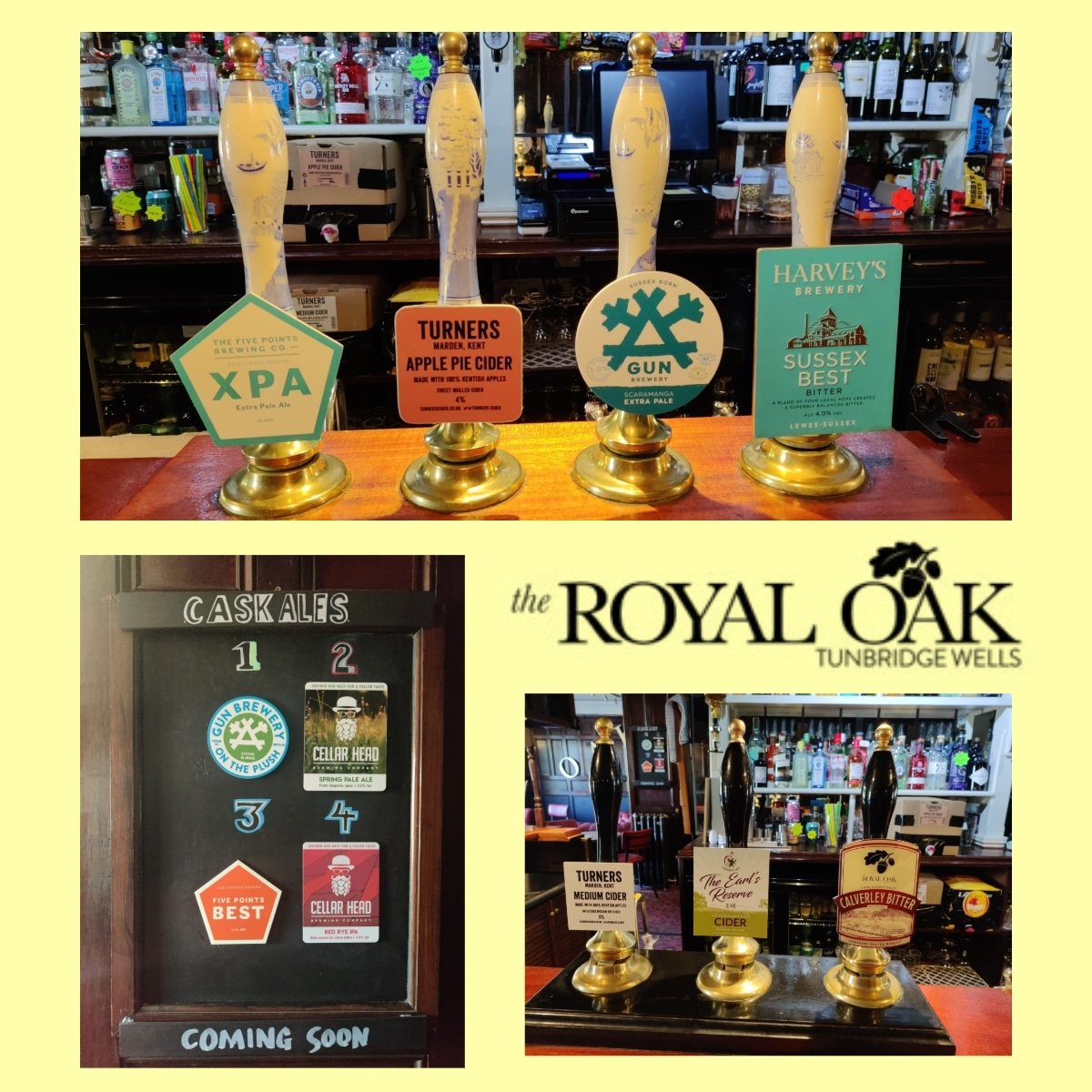 Today's cask ales now pouring and our coming soon board. OPEN from 4pm #harveysbrewery #fivepointsbrewingco ##westkentcamra #calverleybitter #gunbrewery #twpubs #realale #realalefinder #❤️🌳🍺