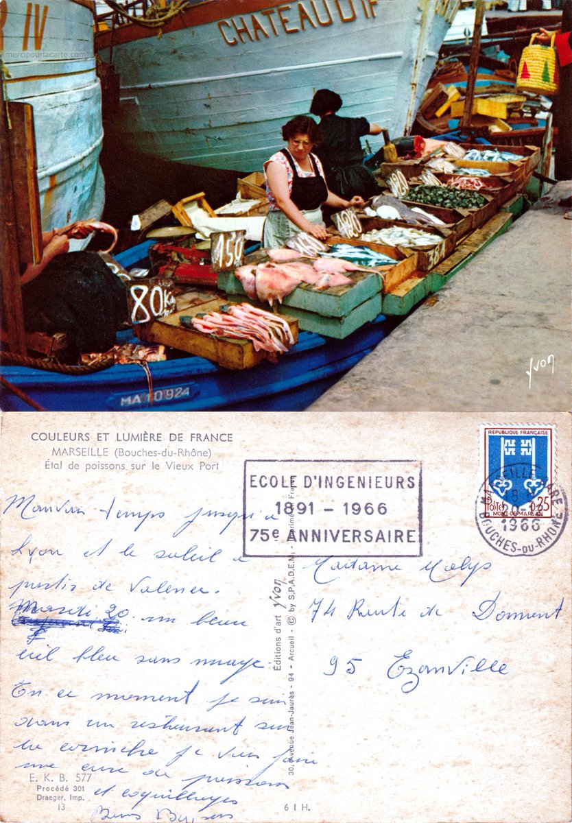 Marseille - Étal de poissons sur le Vieux Port - 1966

Présentation de la carte :
mercipourlacarte.com/picture?/8052/

Éditions d'art Yvon, Arcueil

#bateaux #BouchesduRhône #caissettes #étal #marchandedepoissons #Marseille #poissonnière #poissons #VieuxPort
#CartePostale #CartesPostales