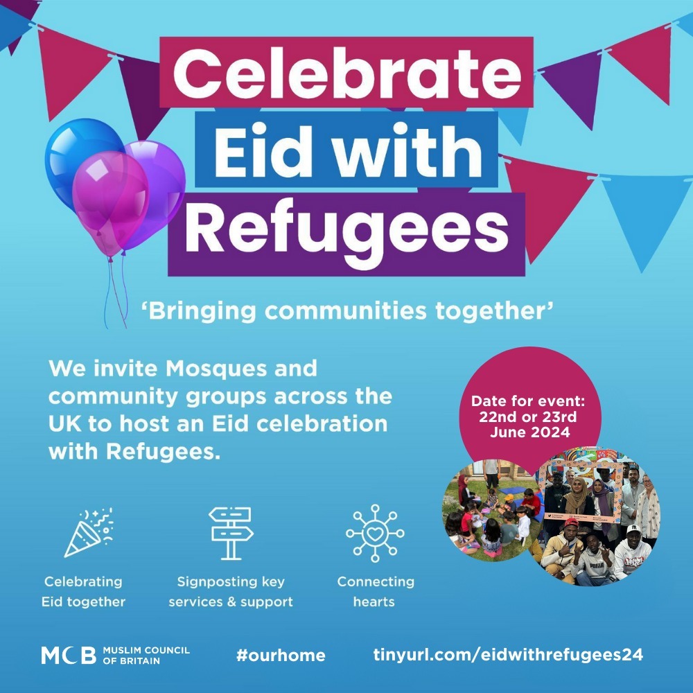 🕌 SIGN UP | Eid with Refugees June 23nd/24th🎈 Celebrate Eid al-Adha with #refugees in the UK! Amid political tensions, let's embrace the theme of 'Home' during Refugee Week by opening our doors to diverse communities. 👉 Register by June 7, 2024: tinyurl.com/EidWRefugees