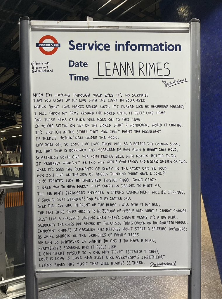 The one and only @leannrimes is performing at @TheO2 and it’s going to be a wonderful night. Have an amazing time to everybody going to the concert. The ‘LeAnn Rimes’ poem by @allontheboard is at North Greenwich station now. #LeAnnRimes #TheO2