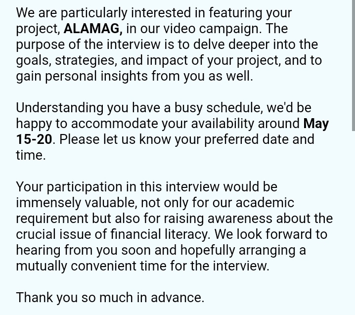 Received an invite for an interview about Finlit and ALAMAG. Nakakatuwa na nakikilala na si ALAMAG ng mga IITians. Manifesting to influence more youths in the future 🥺💛