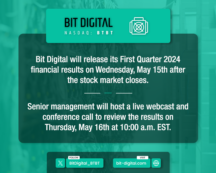 $BTBT will be hosting a live earnings call to review its First Quarter 2024 financial results. We'll be publishing the results on our website after the stock market closes on Wednesday, May 15th prior to the conference call on Thursday, May 16th. LIVE EARNINGS CALL 🗓️