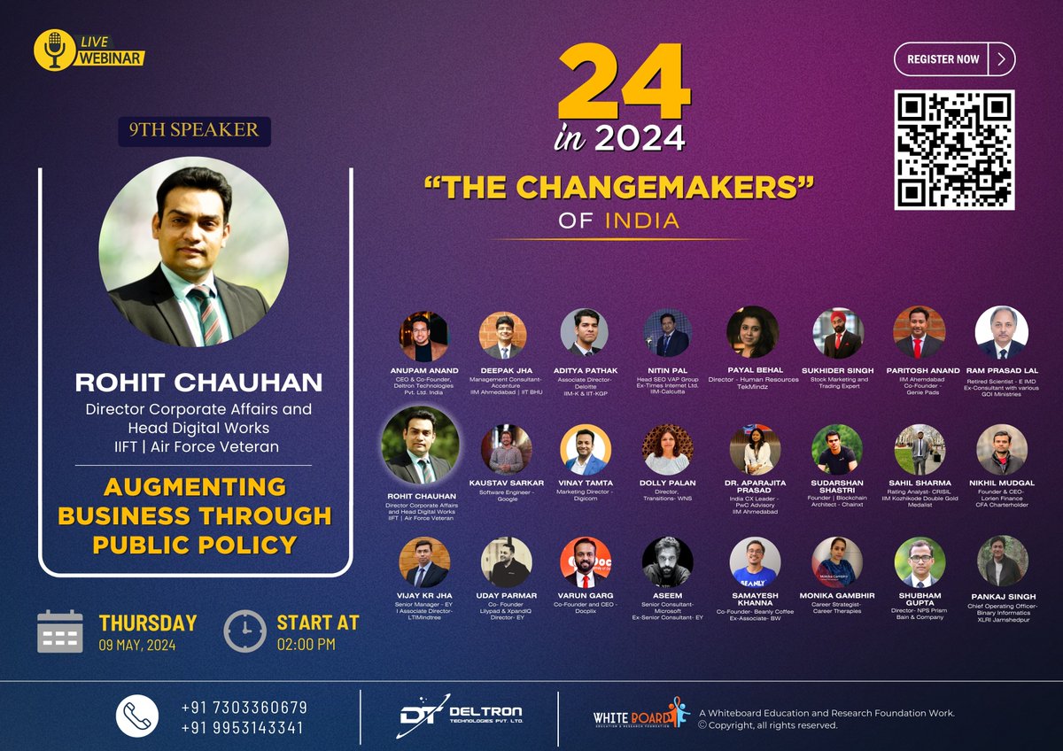 On May 9, 2024, @WhiteBoardERF continues its '#24in2024' #webinarseries by joining hands with Mr. Rohit Chauhan, Director of Corporate Affairs and #PublicPolicy at #HeadDigitalWorks. A former scientist at the Ministry of Electronics & IT and an Indian Air Force veteran.