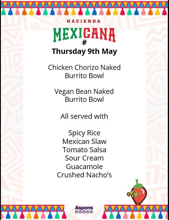 🌮🥑🌶️ Get ready to spice up your lunchtime with our Canteens Theme Day: Mexican Burrito Bowls! 🌯🎉 

Lunchtime Thursday 9th May!