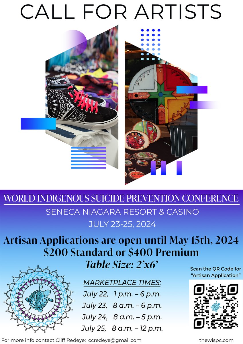Call for Artists! Artisan applications for the World Indigenous Suicide Prevention Conference are still available. Two more weeks until the deadline.  Link: thewispc.com/sponsors-and-e…