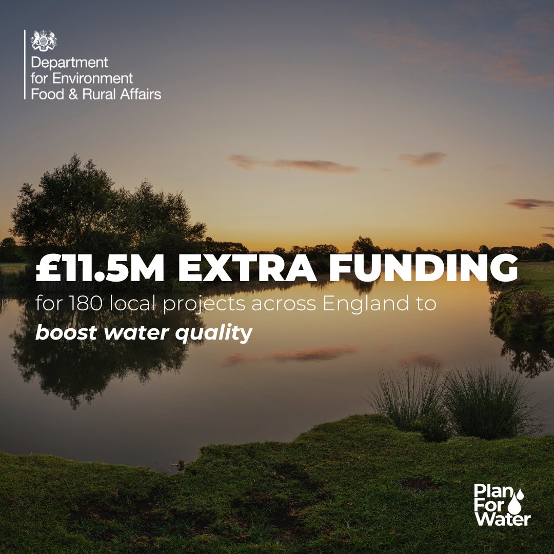 We’re announcing a further £11.5m for local projects to improve water quality 📣 180 projects will benefit from the Water Environment Improvement Fund – with an extra £11.5m expected to be contributed by external partners and stakeholders. Read more: gov.uk/government/new…