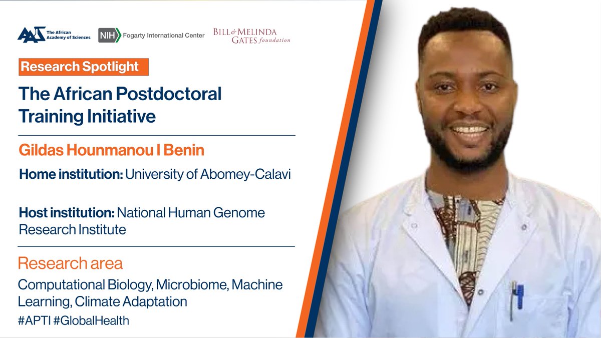 Research Spotlight💡 Gildas Hounmanou is an #APTI Fellow & Microbial #Genomicist from #Benin. His research leverages machine learning & #microbiome investigations to design early-warning systems against #climate sensitive waterborne epidemics👉shorturl.at/diJMU @Fogarty_NIH