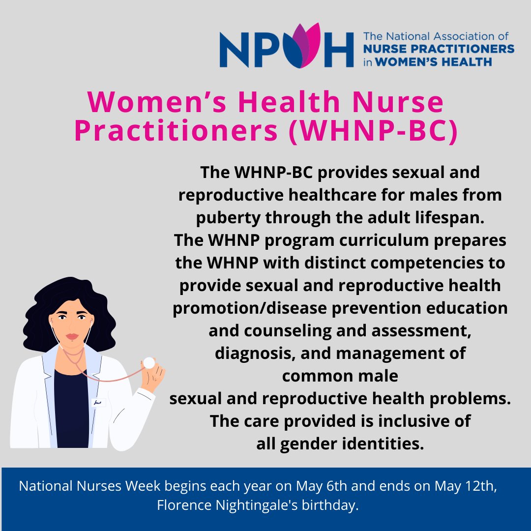 Within their scope of practice, Women's Health Nurse Practitioners provide care that is inclusive of all gender identities and respectful and responsive to each client’s values, needs and preferences. 

Happy #NationalNursesWeek!

#whnp #dnp #aprn #NPSLead