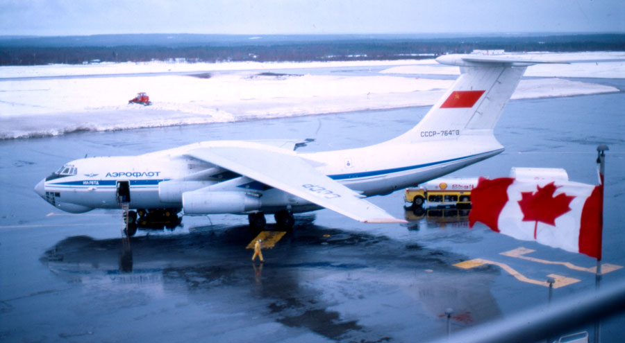 Aeroflot IL76 at Gander c.1979. The IL76 was generally used to fly cargo/supplies from the USSR to Cuba & visa versa. The range of the aircraft required refueling stops at Iceland & Gander
