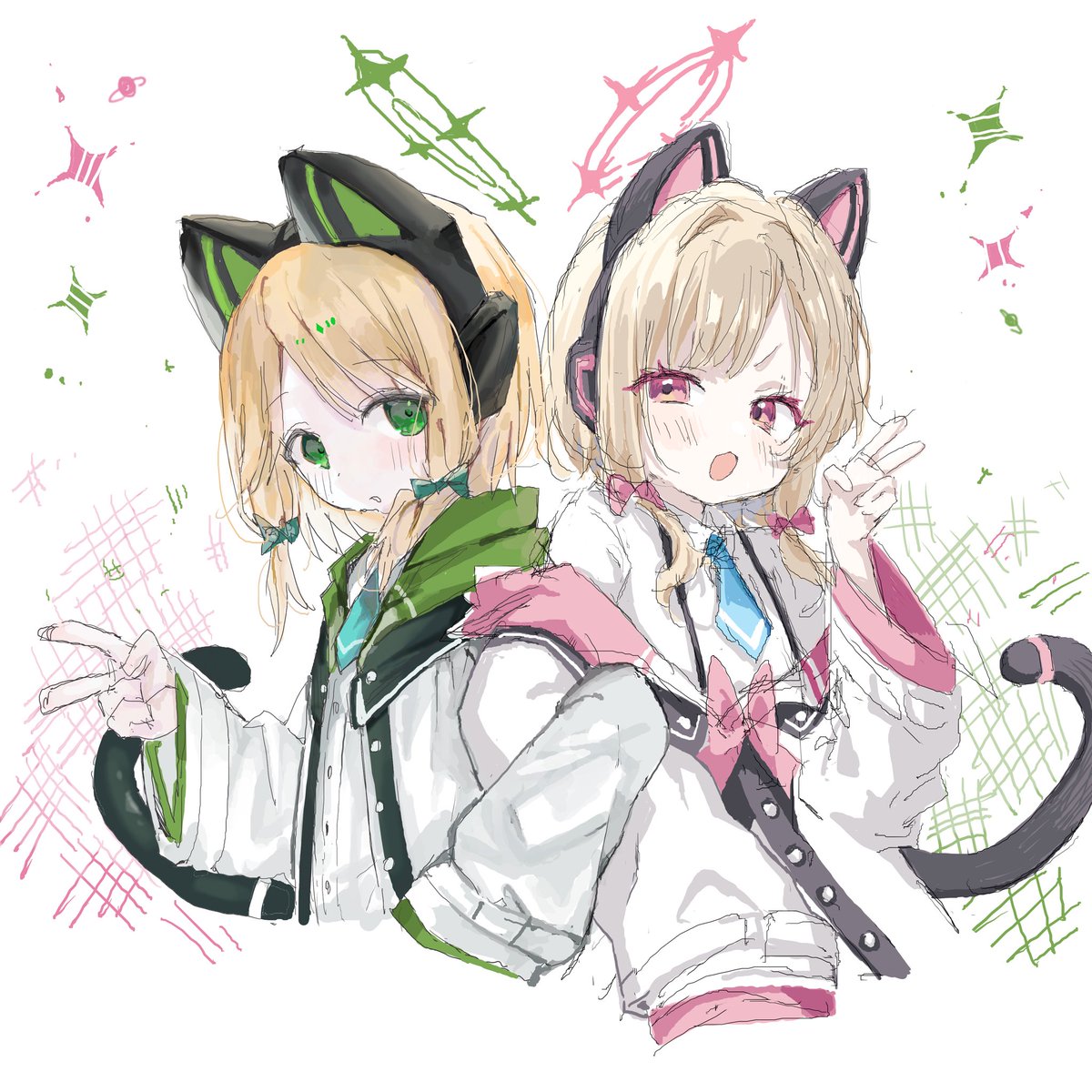 midori (blue archive) ,momoi (blue archive) looking at viewer blush open mouth short hair simple background shirt blonde hair  illustration images