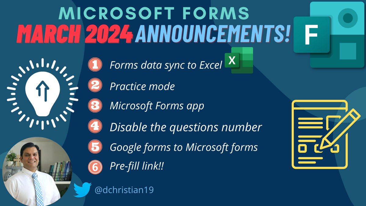 My new video about the March 2024 announcements for Microsoft Forms goes over the following items: 1️⃣Forms data sync to Excel 2️⃣Practice mode for quiz 3️⃣ The Forms app 4️⃣Disable the questions number 5️⃣Google forms to Microsoft forms migration ⚡Bonus item⚡Pre-fill link!! Watch…