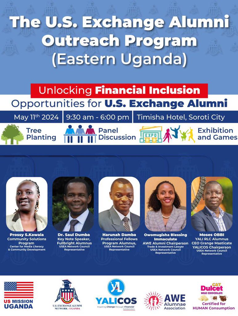 @USAlumniUganda presents the Eastern Uganda outreach program and calls upon all USG alumni in the region to attend the meeting on 11th April, 2024

Why should you attend?
1. Ignite Your Passion: Witness the remarkable journey of YALI SACCO and AWE SACCO, born from the bold dreams