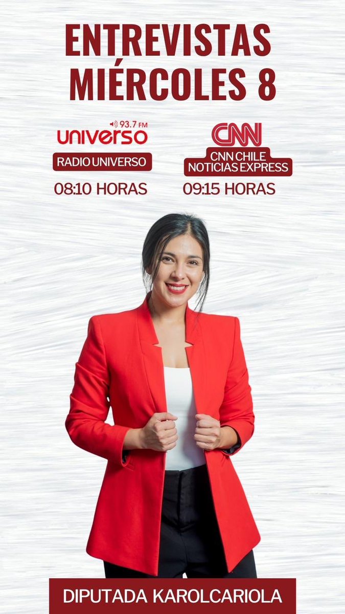 Las y los invitamos a acompañar a nuestra diputada @KarolCariola sintonizando Radio Universo a las 08:10 hrs y CNN Chile a las 09:15 hrs ✨ ¡No se lo pierdan!