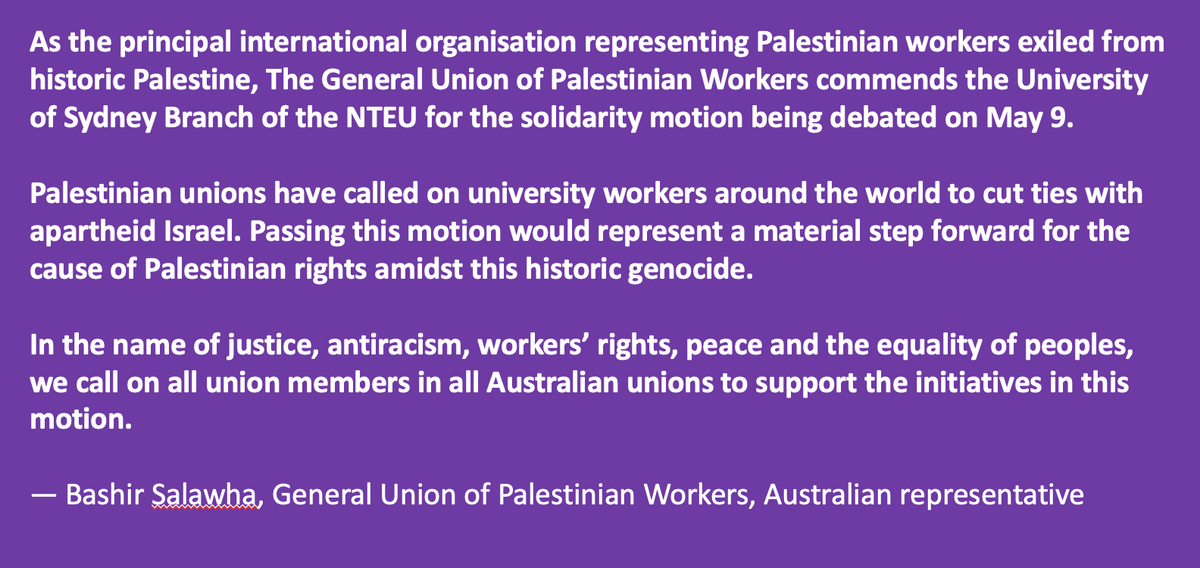 Endorsement of tomorrow's @Sydney_Uni @NTEUnion academic boycott and weapons research divestment motion from the General Union of Palestinian Workers, 'in the name of justice, antiracism, workers’ rights, peace and the equality of peoples'.