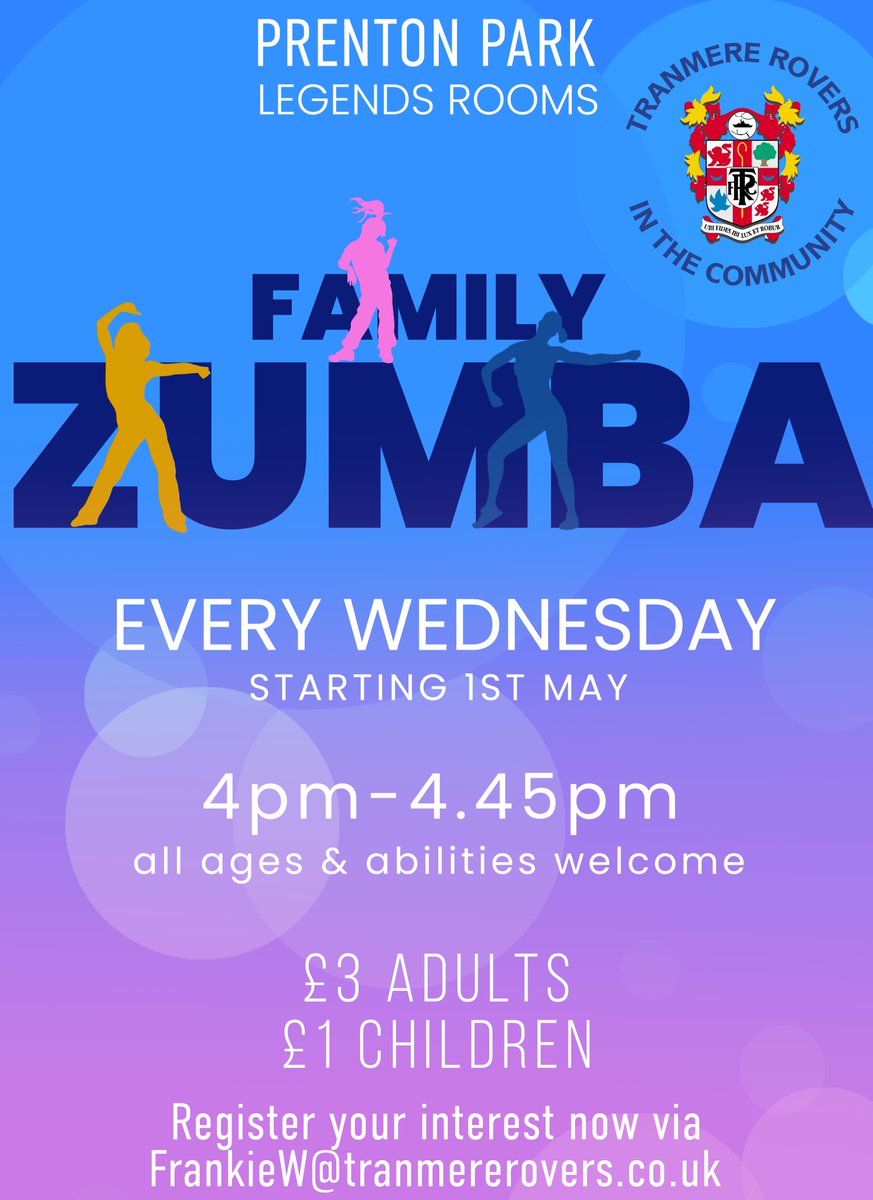 🪩 Family Zumba continues today and every Wednesday from 4pm to 4.45pm! It's open to all ages and abilities, and is just £3 for adults and £1 for children. 📧 FrankieW@tranmererovers.co.uk #TRFC #SWA