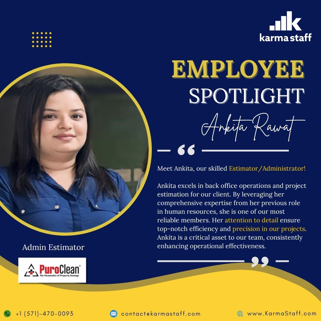 Ankita, our pro of estimation and administration, excels in streamlining projects and optimizing back office operations. We’re thrilled to have her expertise on our team!
.
.
#KarmaStaff #Staffingcompany #EmployeeSpotlight #EmployeeRecognition