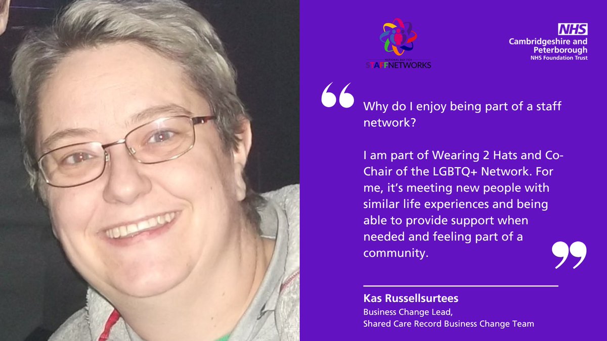 It's #StaffNetworksDay, an opportunity to recognise and celebrate the fantastic work of our CPFT networks. Throughout the day, we'll be hearing from network members. Next is Kas Russellsurtees, Business Change Lead. #StaffNetworks