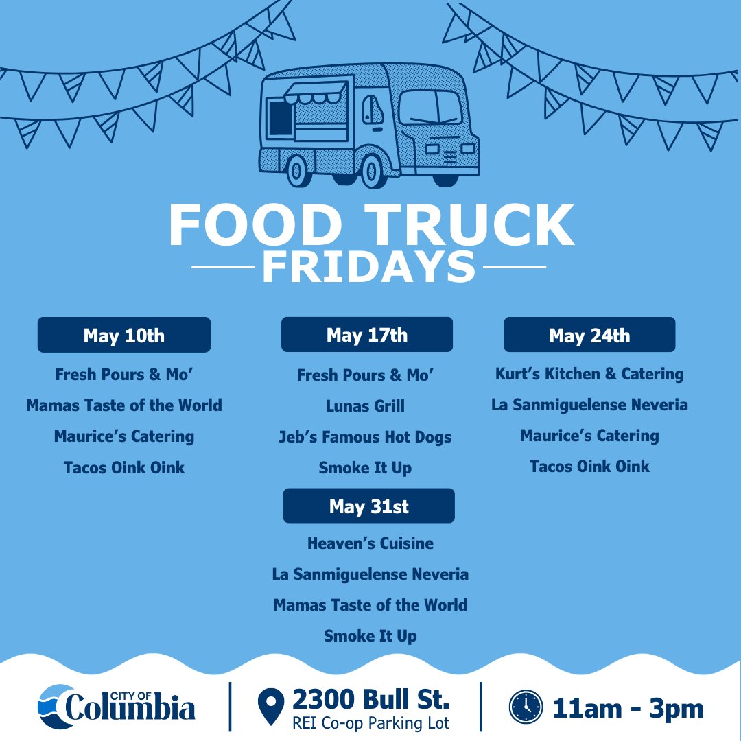 What's cooking at #FoodTruckFriday? 👀 

Stop by 2300 Bull St. and grab a bite from one of our local food trucks! 🌮 🌭 🍔 

#TogetherWeAreColumbia