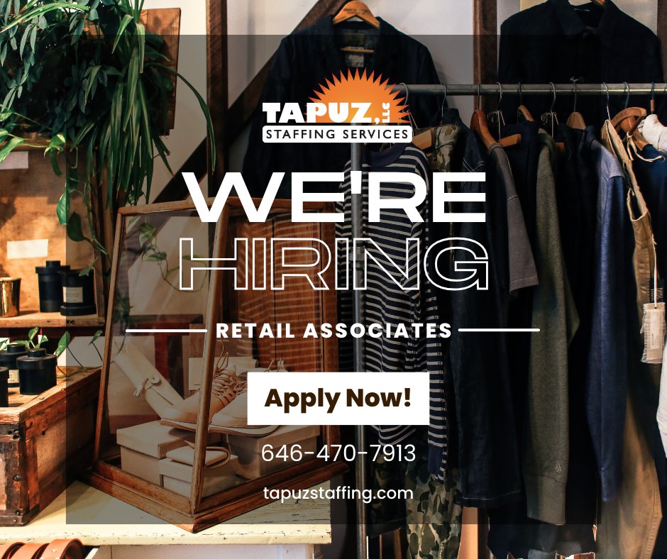 🎉 Calling all retail lovers in NYC! 🛍️ We're searching for passionate and energetic associates to join our team. Whether you're looking for full or part-time opportunities, we've got you covered. Apply now!  tapuzstaffing.com/apply-online.h… #NYCJobs #TapuzStaffing #RetailJobs