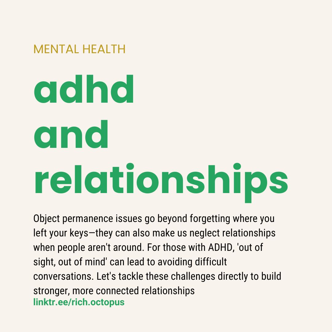 Struggling to keep connections when loved ones aren't around? Our new blog explores how ADHD and object permanence can lead to avoiding tough conversations. Learn how to face these challenges head-on for deeper relationships. #ADHD #Selfreflection #ADHDAwareness #MentalHealth