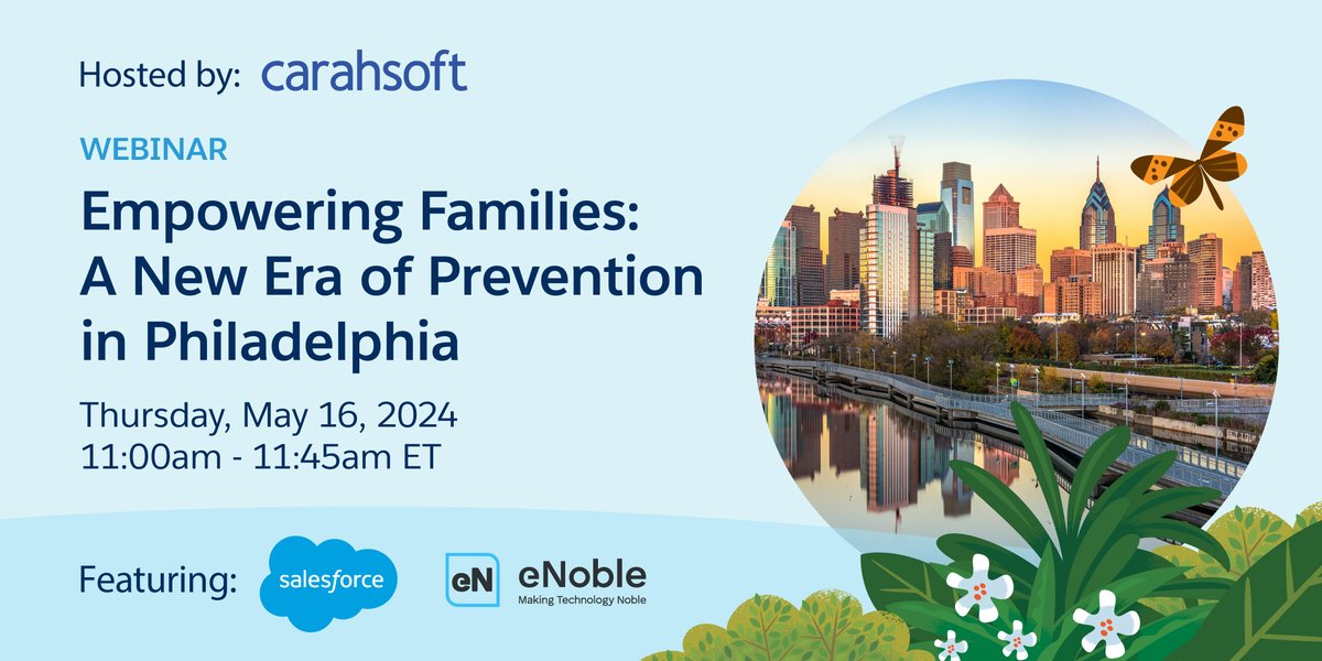 Join @salesforce on 5/16 for a webinar on #automatingreferrals, streamlining assessments & fostering collaboration among service providers. Learn how #eNoble's #NobleChild app transformed #casemanagement for at-risk families through #PhillyFamilies CAN: carah.io/fd8747