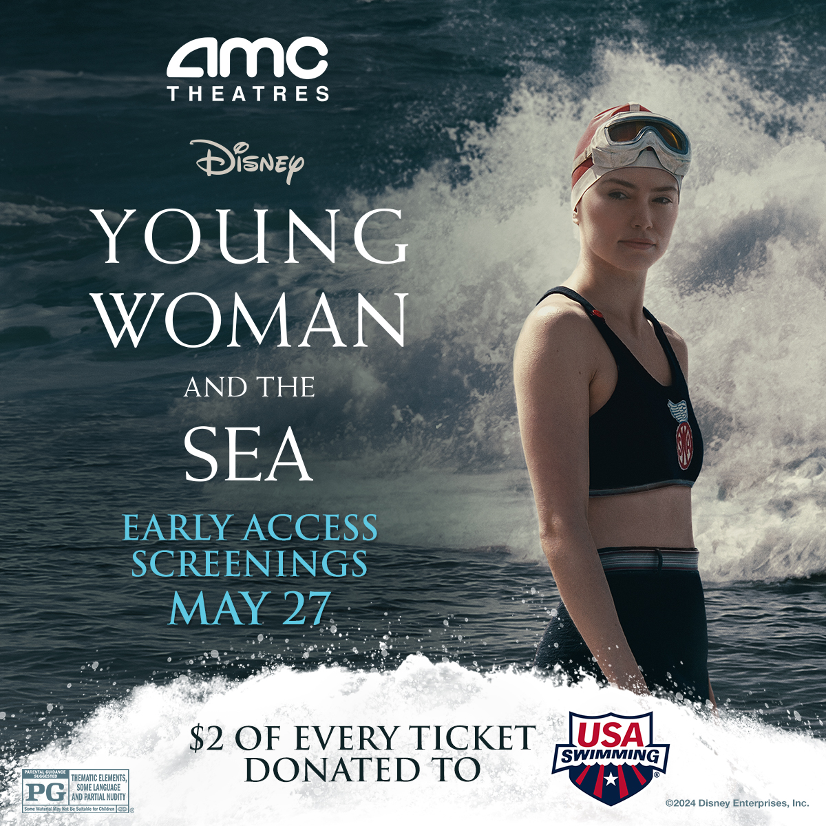 🏊 Join us for an early screening of Young Woman and the Sea at select AMC Theatres on 5/27, where a portion of each ticket sold will go to support the non-profit USA Swimming! Get tickets now! amc.film/3QzCoSW