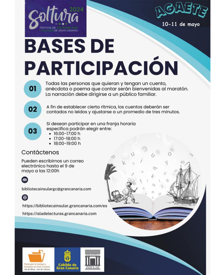 Si quieres participar en el mini maratón que organiza la Biblioteca Insular, este viernes 10 de mayo en el Festival SOLTURA de Agaete, sigue las bases de participación. Cualquier duda o consulta escribe al correo de la Biblioteca, Isla de lecturas o nuestras redes sociales