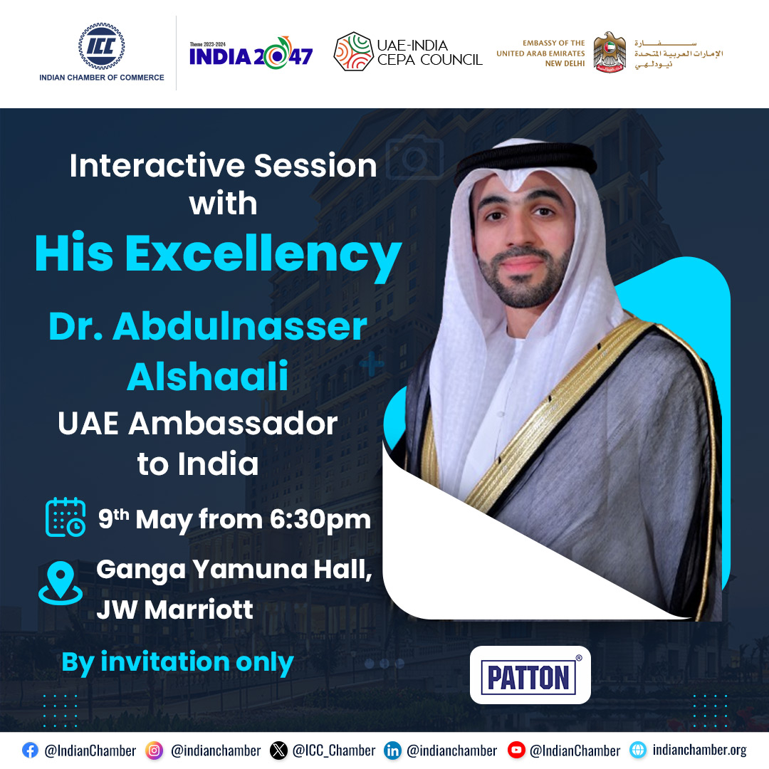 We’re hosting an exclusive Interactive Session with His Excellency Dr. Abdulnasser Alshaali, the esteemed UAE Ambassador to India! Stay tuned for insights and updates as we engage in a dialogue on fostering stronger ties between our nations. #IndianChamberofCommerce #ICC…