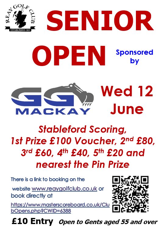We are delighted to announce that our Senior Open will take place on Wednesday 12 June with the event kindly sponsored by G G Mackay Ltd ⛳️ There are some fantastic prizes on offer - see further details below. You can enter via the link below ⬇️ masterscoreboard.co.uk/ClubOpens.php?…
