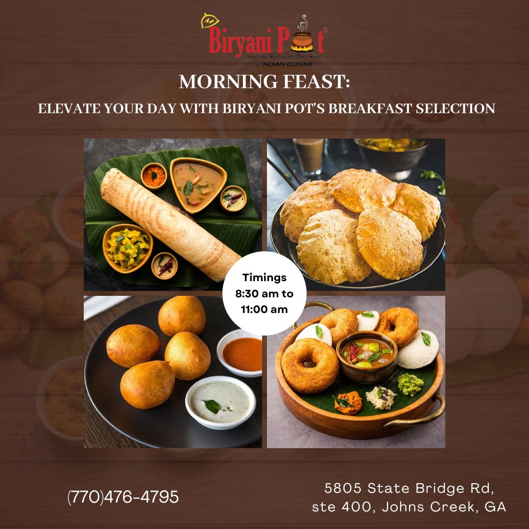 Start your day right with our delicious breakfast options! From fluffy idlis to crispy dosas, we've got all your morning cravings covered. Join us and kickstart your day with a satisfying meal. 🌞🍳 #Breakfast #MorningDelights #IdliDosa #biryanipot #johnscreek #johnscreega