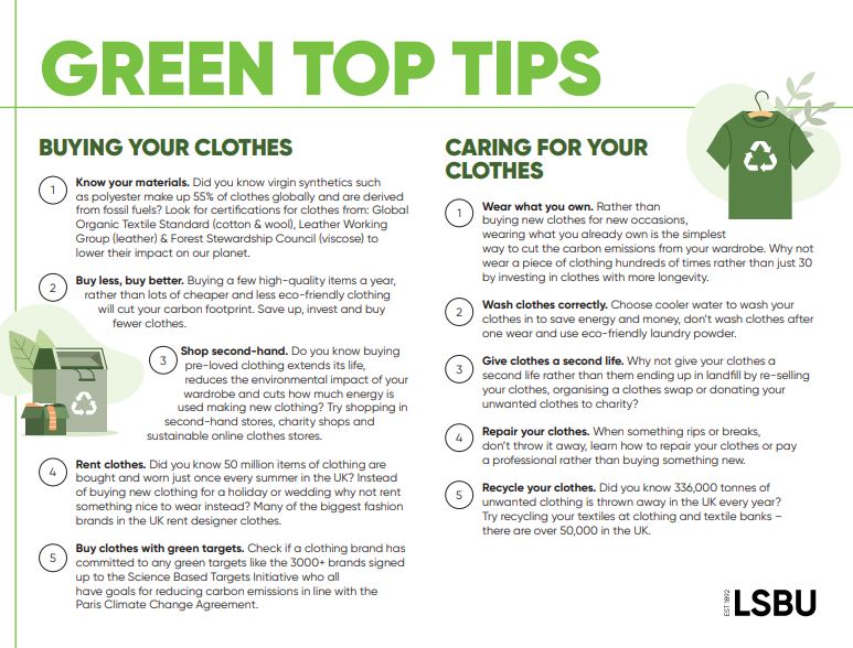 Did you know the clothing industry is the 2nd largest global polluter after the oil industry? Read a new #GreenFashion top tips leaflet with 10 steps consumers can take to reduce the impact of their clothes from a #LSBUresearch project launched in March lsbu.ac.uk/about-us/news/…