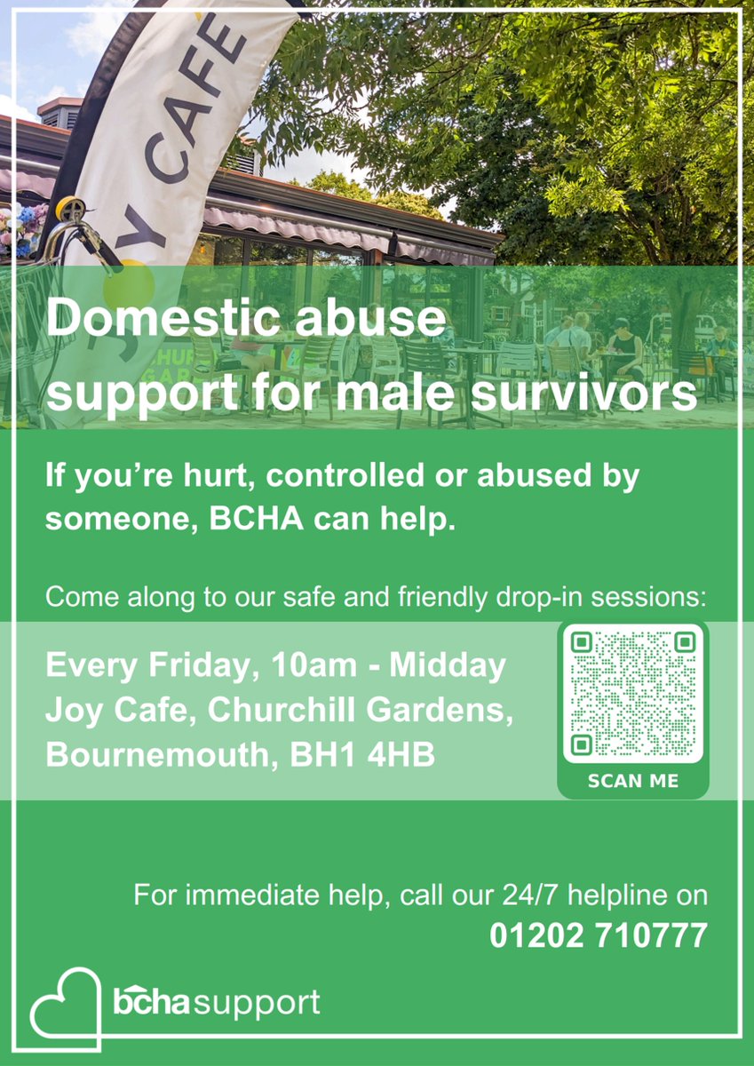 Anyone can be suffering from Domestic Abuse. Bournemouth Churches Housing Association (BCHA) are supporting male victims by running safe, friendly drop-in sessions every Friday. 📅 Visit Joy Cafe in Bournemouth between 10am and 12pm noon to access advice and support. 👋🗣️