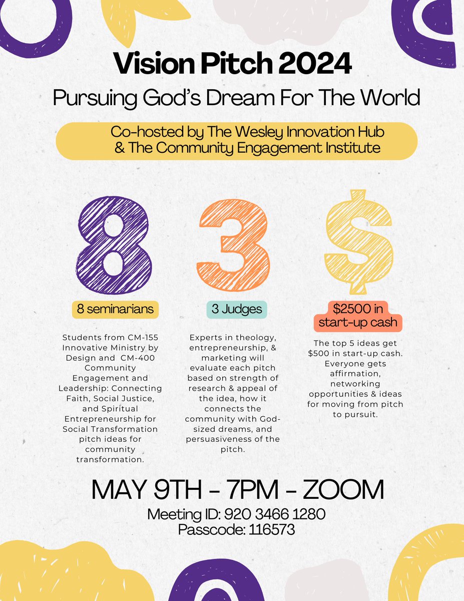 Wesley Innovation Hub and Community Engagement Institute are co-hosting student pitches for community transformation! Students will present: Connecting Faith, Social Justice, and Spiritual Entrepreneurship for Social Transformation. Join the Zoom on May 9 at 7pm ET.