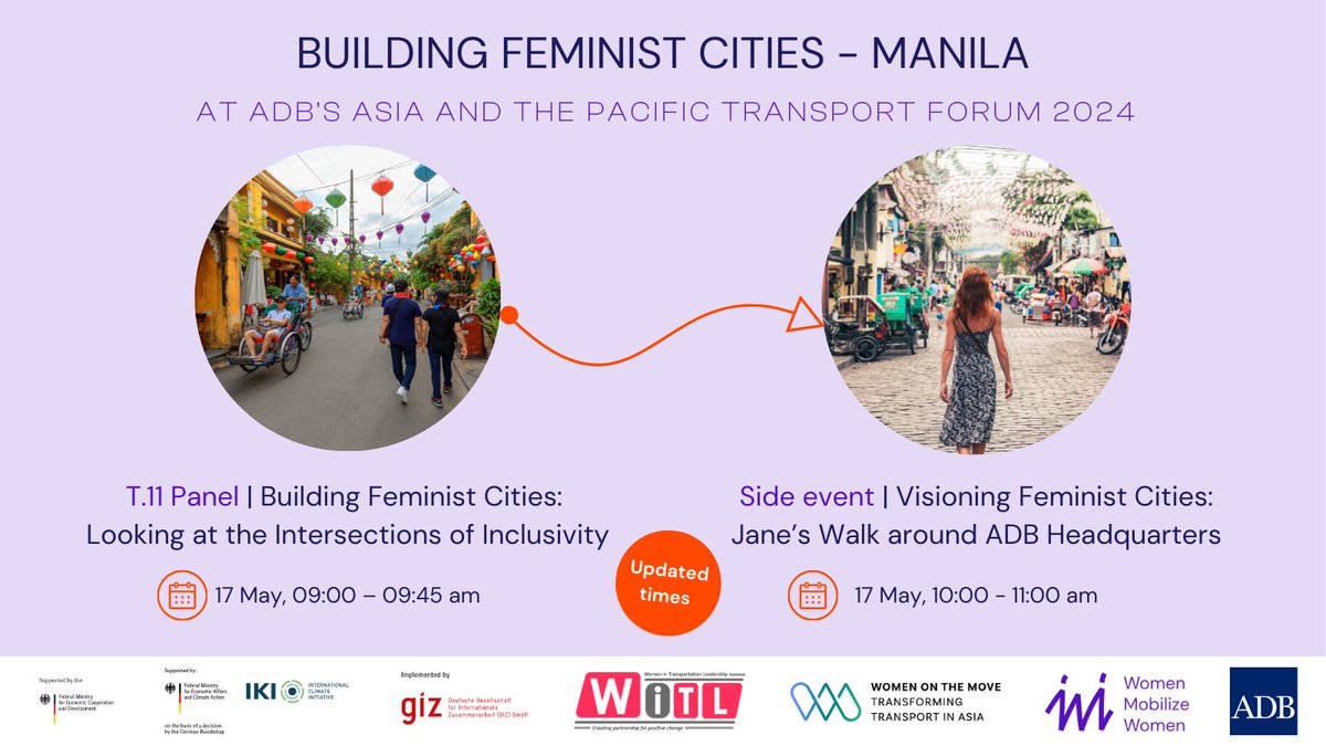 🚲🌏Join us at the Asia-Pacific Transport Forum 2024 for a deep dive into Building Feminist Cities on May 17. Beside our panel, you can enjoy a Jane’s Walk, envisioning feminist cityscapes. #WomenMobilize #BuildingFeministCities Learn more: adb.org/news/events/as…